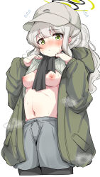 Rule 34 | 1girl, baseball cap, black scarf, blue archive, blush, breasts, closed mouth, clothes lift, commentary request, cropped legs, flashing, flying sweatdrops, green eyes, green halo, green jacket, grey hair, grey hat, grey shorts, halo, hare (blue archive), hare (camp) (blue archive), hat, highres, jacket, lifted by self, long hair, long sleeves, machismo fuji, medium breasts, navel, nipples, nose blush, official alternate costume, ponytail, scarf, shirt lift, short shorts, shorts, simple background, solo, stomach, sweat, white background