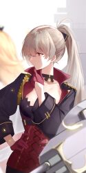 Rule 34 | 1girl, absurdres, azur lane, black choker, black ribbon, blurry, blurry background, choker, closed mouth, corset, feathers, gloves, hair between eyes, hair ribbon, hand on own chin, hand on own hip, high ponytail, highres, jean bart (azur lane), light brown hair, long hair, long sleeves, looking to the side, red corset, red eyes, red gloves, ribbon, showmoo, solo, turret, upper body