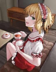 Rule 34 | 1girl, absurdres, blonde hair, chinese commentary, commentary request, couch, cup, fr-ee-dom, frills, green eyes, hairband, highres, holding, holding cup, idolmaster, idolmaster cinderella girls, idolmaster cinderella girls u149, indoors, looking at viewer, open mouth, puffy short sleeves, puffy sleeves, red hairband, red skirt, sakurai momoka, short hair, short sleeves, sitting, skirt, smile, solo, table, teacup, television, wooden floor