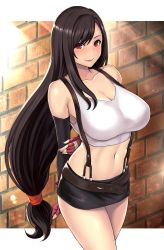 Rule 34 | 1girl, absurdres, arms behind back, bad id, bad pixiv id, bare shoulders, belt, black skirt, blush, breasts, brick wall, brown hair, cleavage, closed mouth, collarbone, elbow gloves, final fantasy, final fantasy vii, fingerless gloves, gloves, highres, large breasts, long hair, looking at viewer, low-tied long hair, navel, pencil skirt, red eyes, shirt, skirt, smile, solo, suspender skirt, suspenders, swept bangs, tank top, taut clothes, taut shirt, thighs, tifa lockhart, white tank top, yashichii