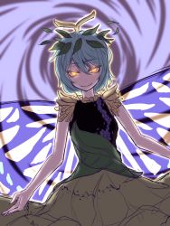 Rule 34 | 1girl, antennae, aqua hair, butterfly wings, dress, eternity larva, fairy, glowing, glowing eyes, green dress, hair between eyes, highres, insect wings, leaf, leaf on head, looking at viewer, miata (miata8674), multicolored clothes, multicolored dress, short hair, single strap, smile, solo, touhou, upper body, wings, yellow eyes