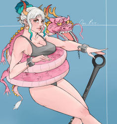 Rule 34 | 1girl, absurdres, bare arms, bare legs, bare shoulders, breasts, club (weapon), dragon, highres, holding, holding weapon, horns, jobin chan, kouzuki momonosuke, large breasts, light smile, one piece, oni, oni horns, thick thighs, thighs, weapon, white hair, yamato (one piece)