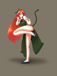 Rule 34 | &gt;:), 1girl, animal ears, blush, cat ears, cat girl, cat tail, female focus, fighting stance, green eyes, hat, hong meiling, kemonomimi mode, legs, long hair, paw pose, red hair, solo, standing, standing on one leg, tail, touhou, v-shaped eyebrows, yammy (artist), yammy (cellblo)