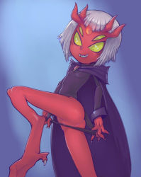 Rule 34 | 1girl, anus, ass, cape, censored, claws, conoghi, dc comics, demon horns, demon raven (teen titans go!), extra eyes, female focus, forehead jewel, grin, horns, jewelry, leg up, leotard, leotard pull, long sleeves, looking at viewer, monster girl, mosaic censoring, pussy, raven (dc), short hair, smile, solo, teen titans, teen titans go!, teeth