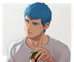 Rule 34 | 1boy, bad id, bad pixiv id, blue eyes, blue hair, can, casual, chirico cuvie, collarbone, emma (transformersera), hair behind ear, holding, holding can, leaning forward, looking up, male focus, shirt, solo, soukou kihei votoms, upper body, white shirt