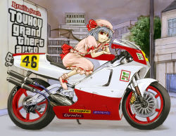 Rule 34 | 1girl, bad id, bad pixiv id, bat wings, blue hair, building, cervus, character name, copyright name, crossover, grand theft auto, grand theft auto: san andreas, hat, motor vehicle, motorcycle, parody, red eyes, remilia scarlet, rockstar, short hair, solo, touhou, vehicle, wings