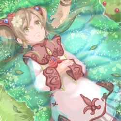 Rule 34 | 1boy, 1girl, brown eyes, brown hair, coma (macaron), commentary request, dress, faize scheifa beleth, grass, leaf, long hair, lying, lymle lemuri phi, official alternate costume, open mouth, smile, star ocean, star ocean the last hope, twintails