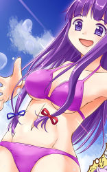 Rule 34 | 1girl, bikini, blue ribbon, blue sky, breast conscious, breasts, commentary request, from below, hair ribbon, large breasts, lens flare, light particles, light rays, long hair, navel, no headwear, no headwear, open hand, open mouth, patchouli knowledge, preview, purple bikini, purple eyes, purple hair, red ribbon, ribbon, sky, smile, solo, sunlight, swimsuit, touhou, tsujimoto nao, underboob, very long hair, water drop