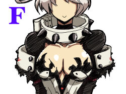 Rule 34 | 1girl, ahoge, breasts, cleavage, closed mouth, collar, elphelt valentine, grey hair, guilty gear, guilty gear xrd, huge ahoge, large breasts, short hair, smile, solo, spiked collar, spikes, tamotu kun