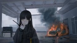 Rule 34 | 1girl, absurdres, ammunition pouch, black hair, black jacket, building, car, cr iws t 72, fire, fog, gas station, highres, holding walkie-talkie, jacket, long hair, looking away, motor vehicle, open mouth, original, pouch, smoke, solo, vest, walkie-talkie, yellow eyes