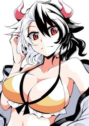 Rule 34 | 1girl, animal ears, ashiroku (miracle hinacle), bare shoulders, bikini, black hair, breasts, collarbone, commentary request, cow ears, cow horns, cowboy shot, frills, front-tie bikini top, front-tie top, hair between eyes, halterneck, hand in own hair, hand up, haori, horns, japanese clothes, large breasts, long sleeves, looking at viewer, multicolored hair, off shoulder, red eyes, short hair, silver hair, simple background, smile, solo, split-color hair, stomach, swimsuit, touhou, two-tone hair, upper body, ushizaki urumi, white background, wide sleeves, yellow bikini