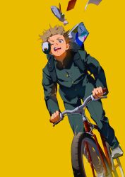Rule 34 | 1boy, absurdres, backpack, bag, bicycle, black bag, blonde hair, book, brown eyes, clenched hands, d:, dutch angle, floating, floating hair, floating object, foot out of frame, gakuran, green jacket, green pants, grey footwear, highres, in the face, jacket, leaning forward, long sleeves, male focus, one eye closed, open mouth, orange background, original, pants, riding, riding bicycle, school uniform, shoes, short hair, sneakers, solo, standing, stuffed animal, stuffed penguin, stuffed toy, v-shaped eyebrows, very short hair, yos (72112764)