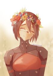 Rule 34 | 1girl, absurdres, android, closed eyes, cyberpunk, elster (signalis), flower, highres, joints, mariposa minako, mechanical parts, metal skin, robot girl, robot joints, science fiction, short hair, signalis, simple background, smile, solo