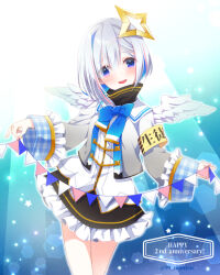 Rule 34 | 1girl, amane kanata, angel wings, anniversary, blue eyes, blue hair, blush, bow, bowtie, feathered wings, frilled skirt, frilled sleeves, frills, halo, high collar, holding, holding string, hololive, long sleeves, looking at viewer, multicolored hair, n gyou, open mouth, pinching, plaid sleeves, sailor collar, short hair, single hair intake, skirt, sleeve cuffs, smile, solo, star (symbol), star halo, streaked hair, string, string of flags, virtual youtuber, white hair, wings