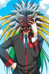 Rule 34 | 1boy, bad id, bad pixiv id, blue necktie, day, hand on own hip, key (company), little busters!, male focus, mask, mask the saito, natsume kyousuke, necktie, solo, spoilers, tamane
