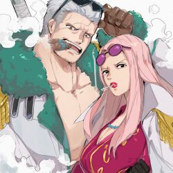 Rule 34 | 1boy, 1girl, beard stubble, black eyes, brown gloves, cigar, cigarette, coat, collared coat, crossed arms, epaulettes, eyewear on head, facial hair, gloves, highres, hina (one piece), jewelry, long hair, looking at viewer, maruwoz, necklace, one piece, pink hair, simple background, smoke, smoker (one piece), stitched face, stitches, stubble, undercut, upper body, v-shaped eyebrows, white coat, white hair