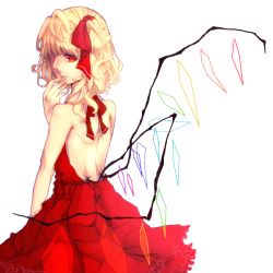 Rule 34 | 1girl, bad id, bad pixiv id, bare back, blonde hair, dress, finger to mouth, flandre scarlet, formal, hair ribbon, italy-love, looking back, low wings, no headwear, no headwear, one-eyed, red dress, red eyes, ribbon, short hair, solo, touhou, white background, wings