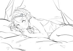 Rule 34 | 1girl, blanket, camisole, highres, lineart, long hair, looking at viewer, lying, messy hair, monochrome, nintendo, on bed, pointy ears, princess zelda, sketch, solo, ten 1397xx, the legend of zelda, the legend of zelda: breath of the wild, thighs