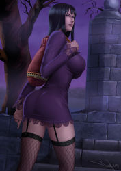 Rule 34 | 10s, 1girl, 2013, ass, black hair, breasts, dress, fishnet thighhighs, fishnets, garter straps, graveyard, huge ass, iury padilha, lace, large breasts, long hair, nico robin, one piece, short dress, signature, solo, thighhighs, thriller bark, zettai ryouiki