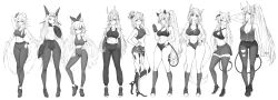 Rule 34 | 6+girls, absurdres, akumi (yoclesh), alternate costume, android, animal ears, arm behind head, armpit peek, bare shoulders, bodysuit, bracelet, breasts, captain hannah, cleavage, clenched hand, clothing cutout, collarbone, commentary, demon tail, dog ears, dog girl, dog tail, dyarikku (vtuber), english commentary, fox ears, fox girl, greyscale, gym shorts, hair behind ear, hair horns, hair ribbon, hand on own hip, hands on own hips, head tilt, heart cutout, highres, horn ornament, horn ring, horns, indie virtual youtuber, jewelry, jin grey paladin, large breasts, leggings, long hair, long pointy ears, looking at viewer, looking to the side, mechanical arms, mechanical legs, medium breasts, midriff, monochrome, moon (anntan), multiple girls, navel, oni horns, open hands, open mouth, pants, pantyhose, plunging neckline, pointy ears, ponytail, ribbon, salute, scar, scar on arm, scar on face, shoes, shorts, silvervale, simple background, skirt, smile, sneakers, sports bra, sweatpants, tail, tank top, the cecile (vtuber), thighhighs, vei (vtuber), very long hair, virtual youtuber, vshojo, white background, yakitsuki (vtuber), yoga pants, yuniiho (vtuber)