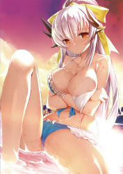 Rule 34 | 1girl, bare shoulders, bikini, blue bikini, blush, bow, breast hold, breasts, cleavage, collarbone, commentary request, dragon horns, evening, fate/grand order, fate (series), frilled bikini, frills, hair bow, highres, horns, kiyohime (fate), kiyohime (swimsuit lancer) (third ascension) (fate), knee up, large breasts, long hair, looking at viewer, machimura komori, orange eyes, outdoors, partially submerged, ponytail, silver hair, sitting, smile, solo, spread legs, swimsuit, wardrobe malfunction, wet, yellow bow