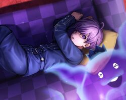 Rule 34 | &gt; &lt;, 1boy, ahoge, belt, blue belt, blue jacket, commentary request, crown, from above, ghost, harami (tanakara 2), highres, horns, indoors, jacket, laughing, long sleeves, looking at viewer, lying, male focus, master detective archives: rain code, on bed, on side, open mouth, parted lips, pillow, purple eyes, purple hair, shinigami (ghost) (rain code), shinigami (rain code), short hair, smile, solo, symbol in eye, yuma kokohead