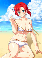 Rule 34 | 1girl, aqua eyes, arm support, bare arms, bare shoulders, beach, bikini, blue sky, blush, boudica (fate), breasts, cleavage, cloud, cloudy sky, collarbone, commentary request, day, fate/grand order, fate (series), fingernails, grin, hair between eyes, hand up, head tilt, holding, holding strap, horizon, large breasts, lens flare, looking at viewer, nakamura tenjin, navel, ocean, on ground, outdoors, parted bangs, ponytail, red hair, shadow, shiny skin, short hair, short ponytail, skindentation, sky, smile, solo, stomach, strap pull, strap slip, string bikini, swimsuit, white bikini