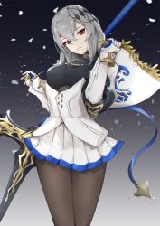 Rule 34 | 1girl, armor, azur lane, bad anatomy, breastplate, breasts, brown shirt, closed mouth, commentary request, corset, diamond (shape), expressionless, fleur-de-lis, floating hair, gauntlets, gold trim, grey background, grey hair, hair between eyes, hair ornament, hand up, head tilt, highres, holding, holding polearm, holding weapon, hoshimiya mashiro, jacket, large breasts, left-handed, long hair, looking away, miniskirt, mole, mole under eye, pantyhose, parted lips, pleated skirt, polearm, polearm behind back, red eyes, saint-louis (azur lane), shirt, sidelocks, simple background, skirt, solo, standing, weapon, white footwear, white skirt