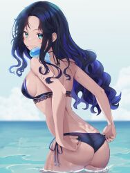 Rule 34 | 1girl, adjusting clothes, adjusting swimsuit, ass, awato, back, bare shoulders, bikini, black hair, blue bikini, blue eyes, blue hair, blue nails, blush, breasts, butt crack, closed mouth, commission, day, from behind, highres, indie virtual youtuber, long hair, looking back, medium breasts, multicolored hair, ocean, outdoors, side-tie bikini bottom, sideboob, smile, solo, swimsuit, two-tone hair, virtual youtuber, wading, wedgie, wet