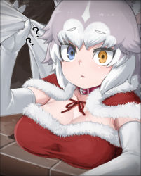 Rule 34 | 1girl, ?, ??, blue eyes, breast rest, breasts, brown eyes, cleavage, collar, dog (mixed breed) (kemono friends), elbow gloves, eyeshadow, gloves, grey hair, heterochromia, kemono friends, large breasts, looking at viewer, makeup, multicolored hair, nyifu, parted lips, santa costume, short hair, solo, white gloves, white hair