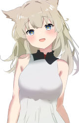 Rule 34 | 1girl, animal ears, arknights, arknights: endfield, bare shoulders, bird ears, blonde hair, blue eyes, blush, breasts, highres, looking at viewer, medium breasts, open mouth, perlica (arknights), raifu (rf), shirt, simple background, sleeveless, sleeveless shirt, solo, upper body, white background, white shirt, yellow pupils