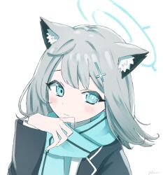 Rule 34 | 1girl, 3:, animal ear fluff, animal ears, artist name, black jacket, blue archive, blue eyes, blue halo, blue scarf, blush, bright pupils, closed mouth, cross, cross hair ornament, furrowed brow, grey hair, hair ornament, halo, hand up, highres, inverted cross, jacket, long sleeves, medium hair, mismatched pupils, open clothes, open jacket, plum0o0, scarf, shiroko (blue archive), signature, simple background, solo, swept bangs, upper body, white background, white pupils, wolf ears, wolf girl