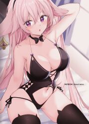 Rule 34 | 1girl, :o, animal ears, arm behind head, arm up, armpits, bare shoulders, bikini, black thighhighs, blush, bow, bowtie, breasts, cleavage, clothing cutout, collarbone, commentary, earrings, english commentary, fox ears, genshin impact, hair between eyes, hair ornament, highres, jewelry, kana yukino, large breasts, long hair, looking at viewer, navel, pink hair, purple eyes, solo, stomach, swimsuit, thighhighs, thighs, very long hair, yae miko