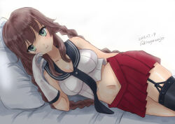 Rule 34 | 1girl, asymmetrical legwear, black necktie, black sailor collar, braid, breasts, brown hair, commentary request, dated, garter straps, gloves, green eyes, kantai collection, kitagawa mikio, large breasts, looking at viewer, lying, midriff, navel, necktie, noshiro (kancolle), on side, one-hour drawing challenge, pillow, pleated skirt, red skirt, sailor collar, school uniform, serafuku, shirt, simple background, single thighhigh, skirt, sleeveless, sleeveless shirt, solo, swept bangs, thighhighs, twin braids, twitter username, uneven legwear, white background, white gloves