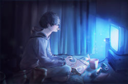 Rule 34 | 1boy, absurdres, bag of chips, barefoot, black hair, blurry, blurry foreground, book, can, controller, crossed legs, crt, curtains, game controller, highres, hikikomori, hood, hood down, hoodie, indoors, long sleeves, male focus, night, original, sitting, solo, television, yomii ba chu