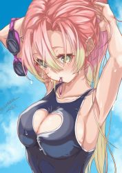 Rule 34 | 1girl, absurdres, alternate costume, armpits, arms up, blonde hair, blue one-piece swimsuit, breasts, cleavage, cleavage cutout, clothing cutout, collarbone, competition swimsuit, gradient hair, green eyes, hair between eyes, heart cutout, highres, kanroji mitsuri, kimetsu no yaiba, long hair, medium breasts, mike3284, mole, mole under eye, mouth hold, multicolored hair, one-piece swimsuit, pink hair, ponytail, sideboob, signature, solo, swimsuit, tying hair, upper body, very long hair, wet hat