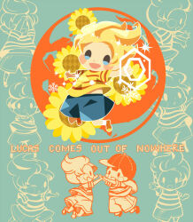 Rule 34 | 2boys, backpack, bag, baseball cap, blonde hair, blue shorts, blush stickers, casting spell, english text, flower, hat, hitofutarai, holding hands, lucas (mother 3), male focus, midriff peek, mother (game), mother 2, mother 3, multiple boys, multiple views, ness (mother 2), nintendo, open mouth, outstretched arms, shirt, short hair, shorts, socks, solid oval eyes, spread arms, striped clothes, striped shirt, sunflower, t-shirt, white socks