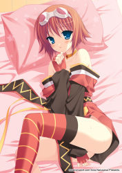 Rule 34 | 00s, 1girl, artistic error, bare shoulders, bed, blue eyes, blush, bob cut, brown hair, goggles, hair between eyes, jewelry, narusawa sora, necklace, no panties, pillow, pussy juice, red thighhighs, rita mordio, scroll, solo, striped clothes, striped thighhighs, tales of (series), tales of vesperia, thighhighs