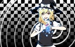 Rule 34 | 1girl, blonde hair, checkered background, female focus, gayprince, gradient background, grid, hat, highres, kirisame marisa, mini-hakkero, orb, short hair, smile, solo, spiral, touhou, witch, witch hat, yellow eyes, yin yang
