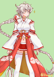 Rule 34 | 1girl, alternate costume, blush, braid, breasts, closed mouth, commentary request, detached sleeves, gohei, green background, grey hair, hair between eyes, hair ornament, hakama, hakama skirt, highres, hip vent, holding, izumikuma, japanese clothes, kantai collection, long hair, magatama, medium breasts, miko, navel, orb, red skirt, ribbon-trimmed legwear, ribbon-trimmed sleeves, ribbon trim, simple background, single braid, skirt, solo, sparkle, standing, thighhighs, twitter username, unryuu (kancolle), very long hair, wide sleeves, yellow eyes, yin yang, yin yang orb