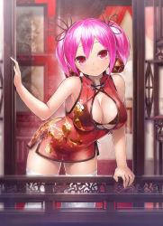 Rule 34 | 1girl, architecture, bad id, bad pixiv id, bell, black bra, black ribbon, bra, bra slip, breasts, china dress, chinese clothes, cleavage, closed mouth, cowboy shot, dress, east asian architecture, floral print, hair ribbon, highres, indoors, jingle bell, large breasts, leaning forward, md5 mismatch, original, pink hair, print dress, red dress, red eyes, ribbon, see-through, short dress, short hair, sleeveless, sleeveless dress, solo, solru, strap gap, thighhighs, twintails, underwear, white thighhighs