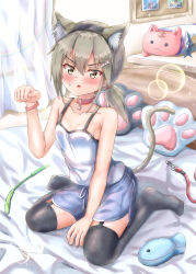 Rule 34 | &gt;:(, 1girl, absurdres, animal ears, bed, bed sheet, bedroom, black thighhighs, blush, breasts, brown eyes, brown hair, cat ears, cat girl, cat tail, collar, collarbone, curtains, fake animal ears, fake tail, flower, folded ponytail, garter straps, hair between eyes, hair flower, hair ornament, hairclip, highres, indoors, jewelry, looking at viewer, low ponytail, masamune mino, minowa gin, no shoes, on bed, open mouth, paw pose, pillow, sheet grab, sitting, skirt, small breasts, solo, sparkle, stuffed toy, tail, thighhighs, twintails, v-shaped eyebrows, wariza, washio sumi wa yuusha de aru, window, yuusha de aru