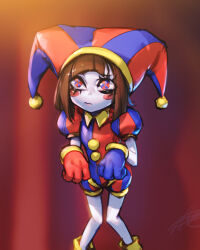 Rule 34 | 1girl, asymmetrical gloves, blue eyes, blue gloves, blue hat, blurry, blurry background, blush stickers, brown hair, colored skin, gloves, hat, hat bell, highres, jester, jester cap, jester costume, mismatched gloves, multicolored clothes, multicolored hat, paw pose, phantom ix row, pomni (the amazing digital circus), puffy short sleeves, puffy sleeves, red background, red eyes, red gloves, red hat, short sleeves, signature, solo, striped clothes, striped headwear, the amazing digital circus, two-tone eyes, vertical-striped bodysuit, vertical-striped clothes, vertical-striped headwear, white skin
