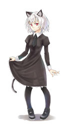 Rule 34 | 1girl, animal ear fluff, animal ears, black footwear, black necktie, brown dress, cat ears, cat tail, closed mouth, commentary request, dress, full body, highres, jaco, juliet sleeves, long sleeves, looking at viewer, necktie, original, pantyhose, pigeon-toed, puffy sleeves, red eyes, see-through silhouette, shoes, short hair, simple background, skirt hold, solo, standing, tail, white background, white hair, wing collar