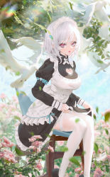 Rule 34 | 1girl, absurdres, apron, bad id, bad pixiv id, bird, black dress, borrowed character, chair, cirilla lin, cleavage cutout, clothing cutout, collared dress, commentary request, day, dove, dress, field, fish hair ornament, flower, flower field, hair ornament, heart cutout, highres, juliet sleeves, long sleeves, looking at viewer, maid, maid apron, maid headdress, original, outdoors, pink flower, puffy sleeves, red eyes, red lips, short hair, sitting, skirt hold, solo, thighhighs, tree, white apron, white hair, white thighhighs