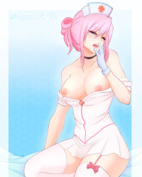 Rule 34 | 1girl, absurdres, amanda evelyn earl, blue eyes, blush, breasts, clothes, collar, eyelashes, gloves, hat, highres, my little pony, nipples, nurse, nurse cap, nurse redheart, personification, pink hair, ribbon, sitting, solo, spittfireart, thighhighs, topless, white thighhighs, wide hips