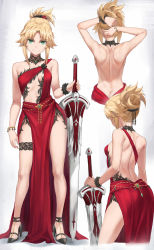 Rule 34 | 1girl, arms behind head, arms up, ass, back, backboob, bare shoulders, blonde hair, braid, breasts, butt crack, center opening, choker, clarent (fate), dress, eyes visible through hair, fate/apocrypha, fate (series), french braid, from behind, green eyes, highres, holding, holding sword, holding weapon, long hair, looking at viewer, mordred (fate), mordred (fate/apocrypha), multiple views, parted bangs, ponytail, shoulder blades, sidelocks, single-shoulder dress, small breasts, smile, sword, tonee, tying hair, weapon, wristband
