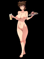 Rule 34 | 1girl, ajiyoshi noriko, alcohol, barefoot, beer, black background, blush, breasts, brown eyes, brown hair, censored, cup, feet, food, full body, highres, huge breasts, legs, looking at viewer, mature female, mister ajikko, mosaic censoring, navel, nightmare express, nipples, nude, onigiri (ocelot), pussy, short hair, simple background, smile, solo, standing, thighs, toes, tray