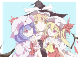 Rule 34 | 3girls, ascot, awa yume, bat wings, blonde hair, blue hair, female focus, finger to mouth, flandre scarlet, flying sweatdrops, girl sandwich, hat, kirisame marisa, multiple girls, open mouth, orange eyes, red eyes, remilia scarlet, sandwiched, short hair, siblings, side ponytail, simple background, sisters, slit pupils, smile, touhou, wings, witch, witch hat, wrist cuffs, yellow eyes