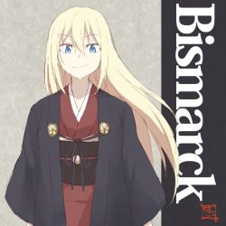 Rule 34 | 10s, 1girl, alternate costume, bad id, bad twitter id, bismarck (kancolle), blonde hair, blue eyes, character name, japanese clothes, kantai collection, long hair, looking at viewer, shigino sohuzi, simple background, smile, solo